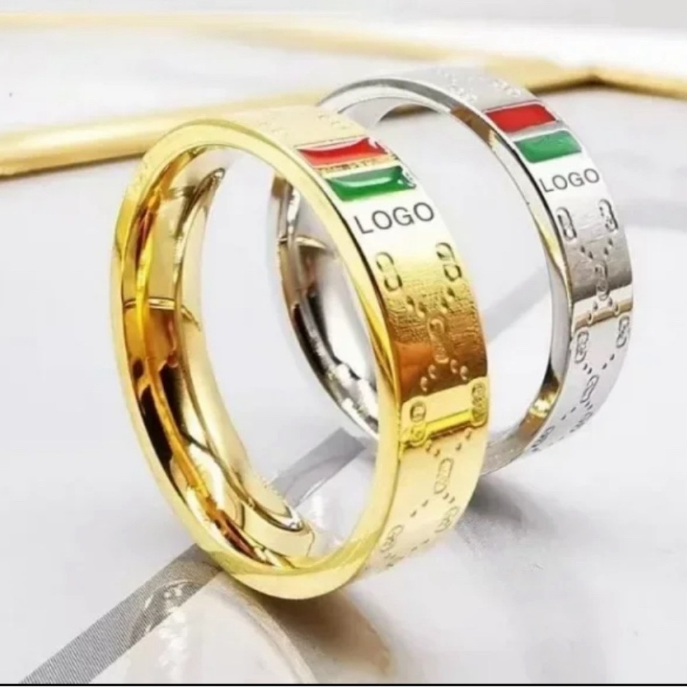18K Gold Monogram Ring With Green & Red Stripe and Monogram All Around - Picture 2 of 5